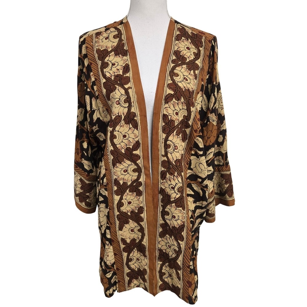 Soft Surroundings Floral Kimono Cardigan Brown Tan Fall Size M Petite